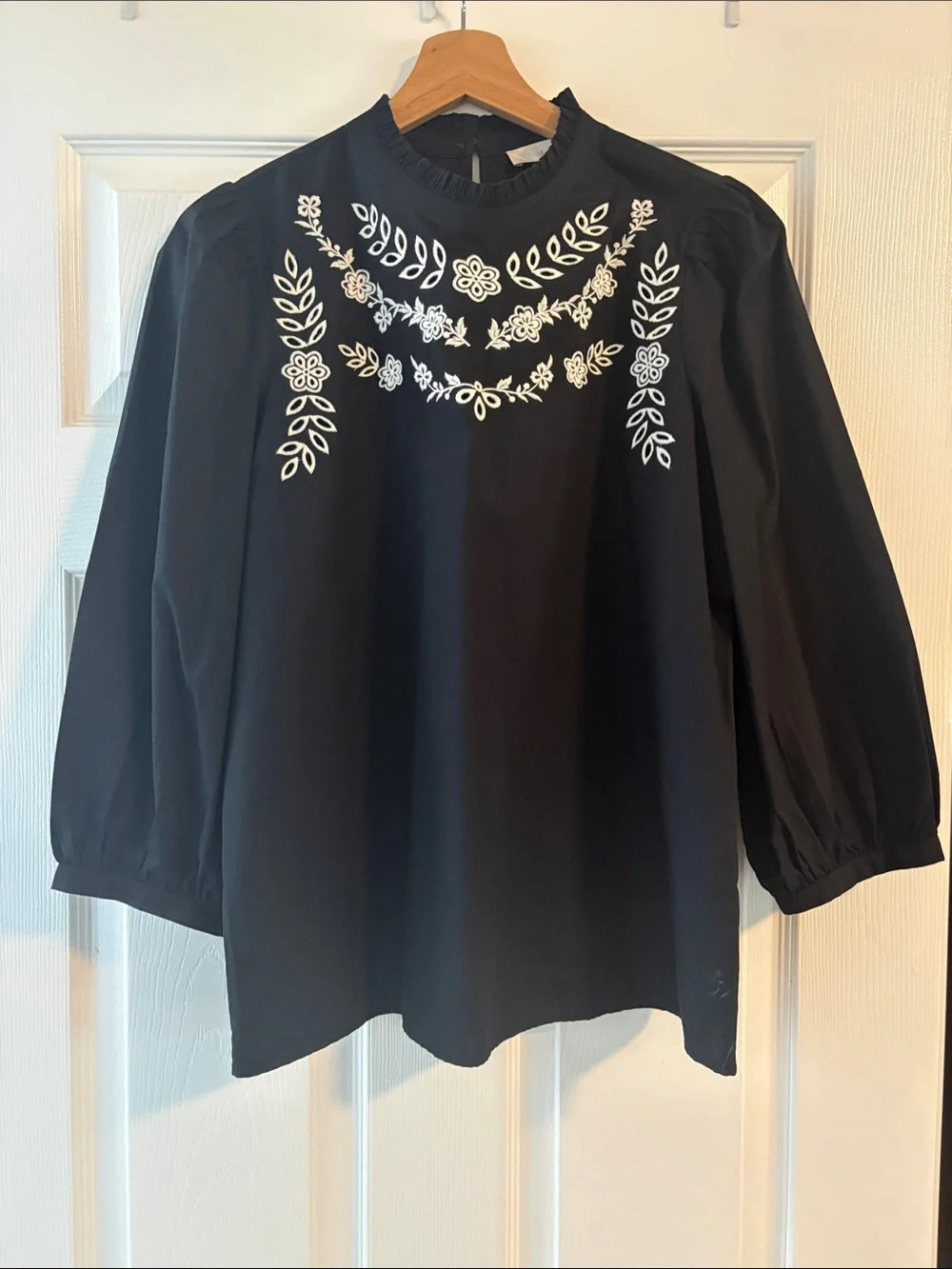 LOFT Black Blouse with White Floral Embroidery